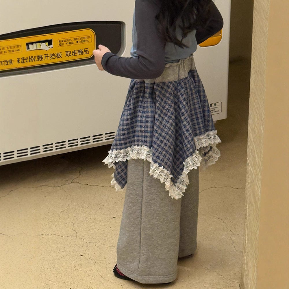 ロングパンツ・スウェットパンツ チェックアシメスカートドッキングスウェットパンツ【mh0010565】