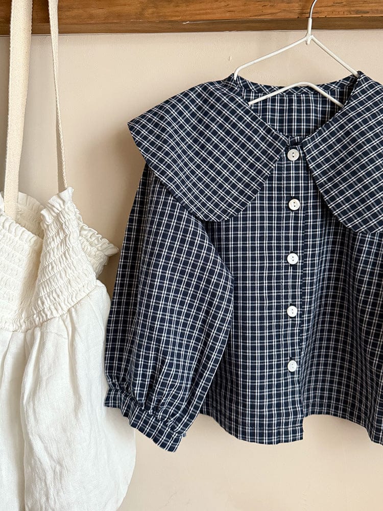 長袖シャツ・ブラウス ビッグ襟チェックブラウス【mh0010566】