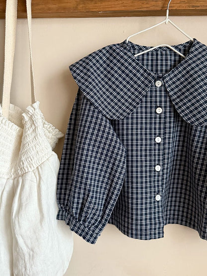 長袖シャツ・ブラウス ビッグ襟チェックブラウス【mh0010566】