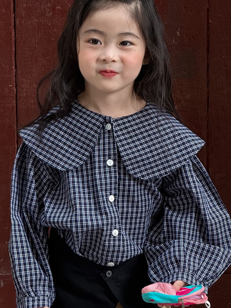 長袖シャツ・ブラウス ビッグ襟チェックブラウス【mh0010566】