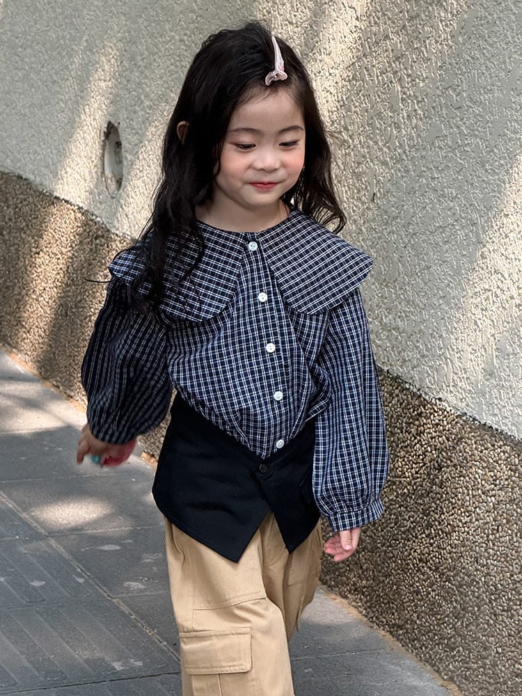 長袖シャツ・ブラウス ビッグ襟チェックブラウス【mh0010566】