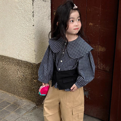 長袖シャツ・ブラウス ビッグ襟チェックブラウス【mh0010566】