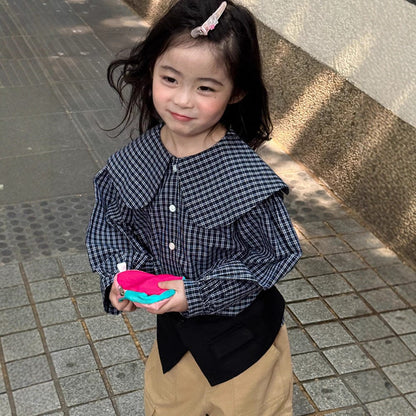 長袖シャツ・ブラウス ビッグ襟チェックブラウス【mh0010566】