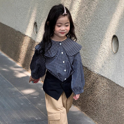 長袖シャツ・ブラウス ビッグ襟チェックブラウス【mh0010566】