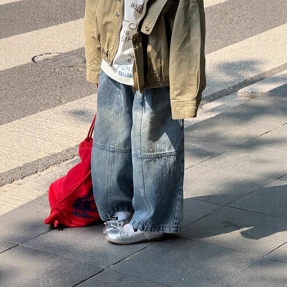 デニムパンツ 切替えステッチルーズデニムパンツジーンズ【mh0010567】