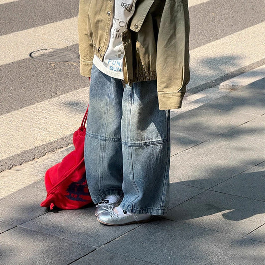 デニムパンツ 切替えステッチルーズデニムパンツジーンズ【mh0010567】