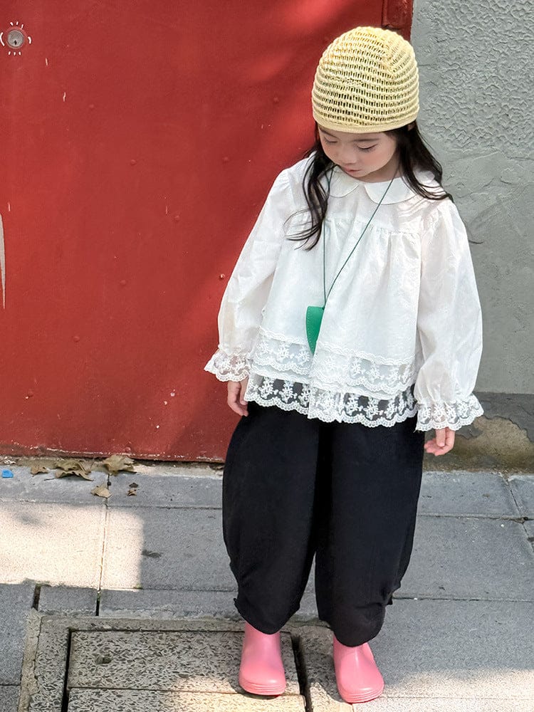 長袖シャツ・ブラウス 裾レース丸襟長袖ブラウス【mh0010572】