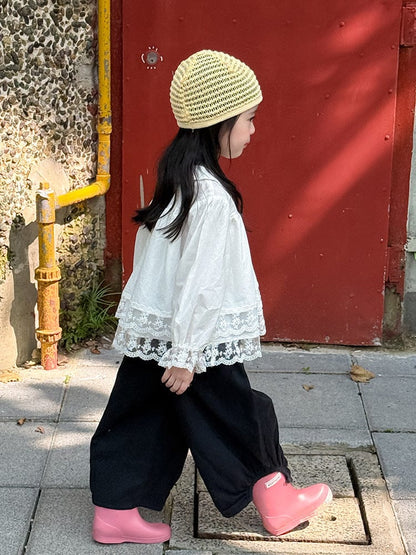 長袖シャツ・ブラウス 裾レース丸襟長袖ブラウス【mh0010572】