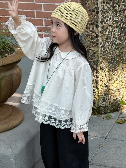 長袖シャツ・ブラウス 裾レース丸襟長袖ブラウス【mh0010572】