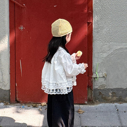 長袖シャツ・ブラウス 裾レース丸襟長袖ブラウス【mh0010572】