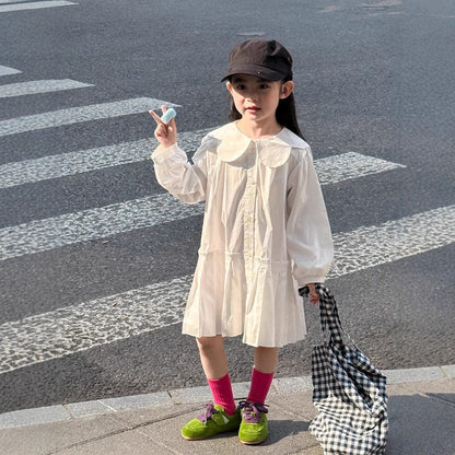 長袖ワンピース フラワー襟プリーツスカート長袖ワンピース【mh0010574】