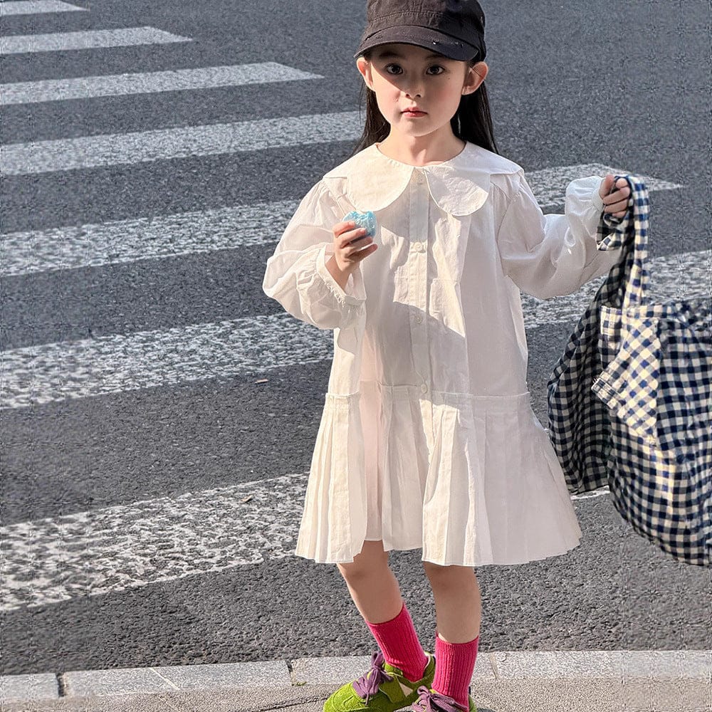 長袖ワンピース フラワー襟プリーツスカート長袖ワンピース【mh0010574】