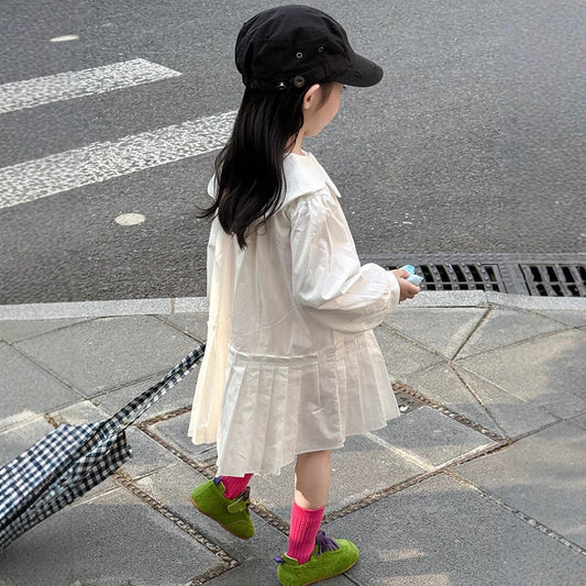 長袖ワンピース フラワー襟プリーツスカート長袖ワンピース【mh0010574】