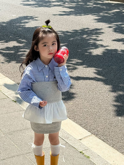 長袖セットアップ チェック長袖シャツ/裾フリルチューブトップ/ニットミニスカート【mh0010594】