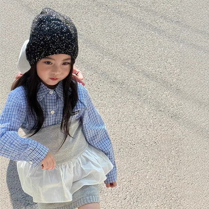 長袖セットアップ チェック長袖シャツ/裾フリルチューブトップ/ニットミニスカート【mh0010594】