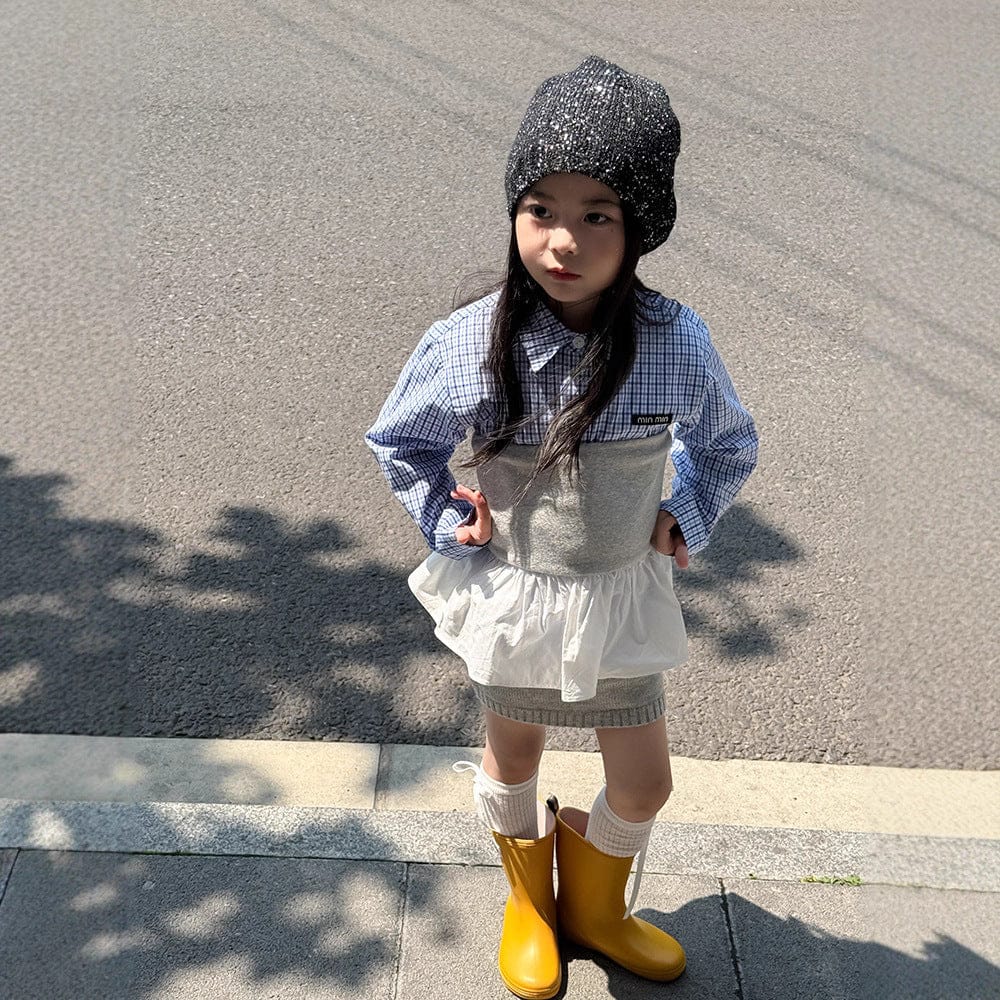 長袖セットアップ チェック長袖シャツ/裾フリルチューブトップ/ニットミニスカート【mh0010594】