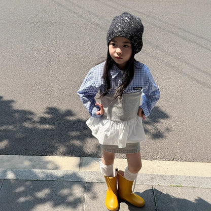 長袖セットアップ チェック長袖シャツ/裾フリルチューブトップ/ニットミニスカート【mh0010594】