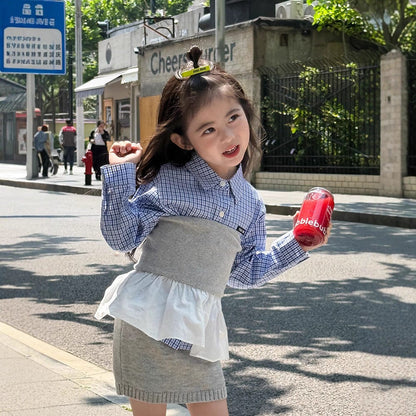 長袖セットアップ チェック長袖シャツ/裾フリルチューブトップ/ニットミニスカート【mh0010594】