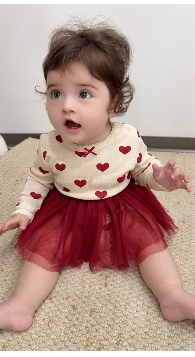 長袖ロンパース ハート/リボンチュールスカートドッキング長袖ロンパース【mh0010720】