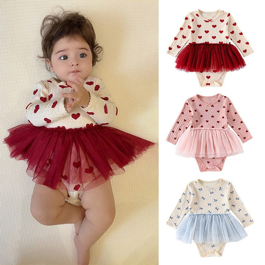 長袖ロンパース ハート/リボンチュールスカートドッキング長袖ロンパース【mh0010720】