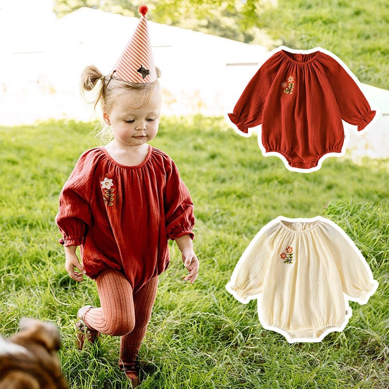 長袖ロンパース フラワー刺繍ルーズ長袖ロンパース【mh0010722】