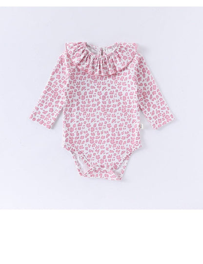 長袖ロンパース レオパードプリントラッフルフリル襟長袖ロンパース【mh0010727】