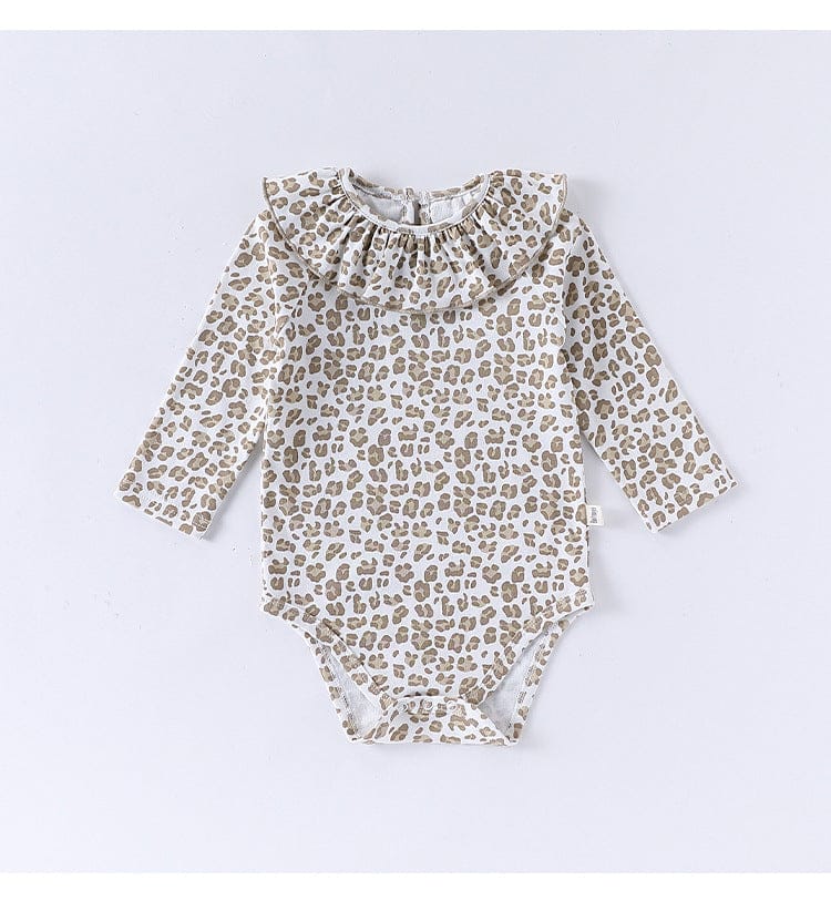 長袖ロンパース レオパードプリントラッフルフリル襟長袖ロンパース【mh0010727】