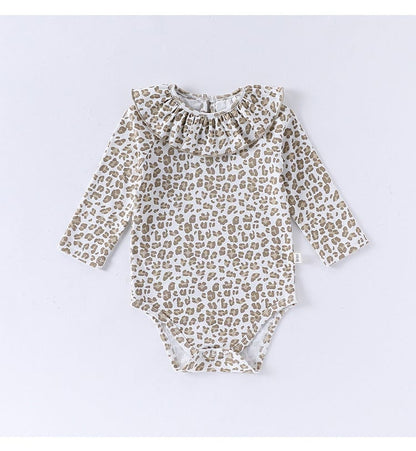 長袖ロンパース レオパードプリントラッフルフリル襟長袖ロンパース【mh0010727】