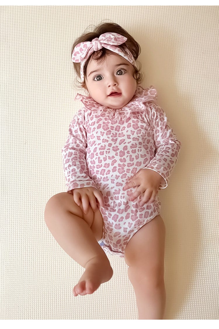 長袖ロンパース レオパードプリントラッフルフリル襟長袖ロンパース【mh0010727】