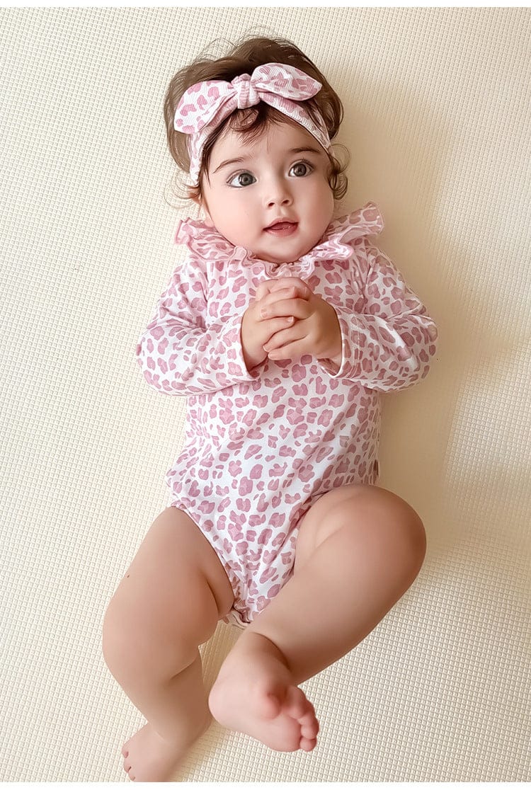 長袖ロンパース レオパードプリントラッフルフリル襟長袖ロンパース【mh0010727】