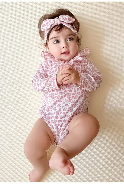 長袖ロンパース レオパードプリントラッフルフリル襟長袖ロンパース【mh0010727】