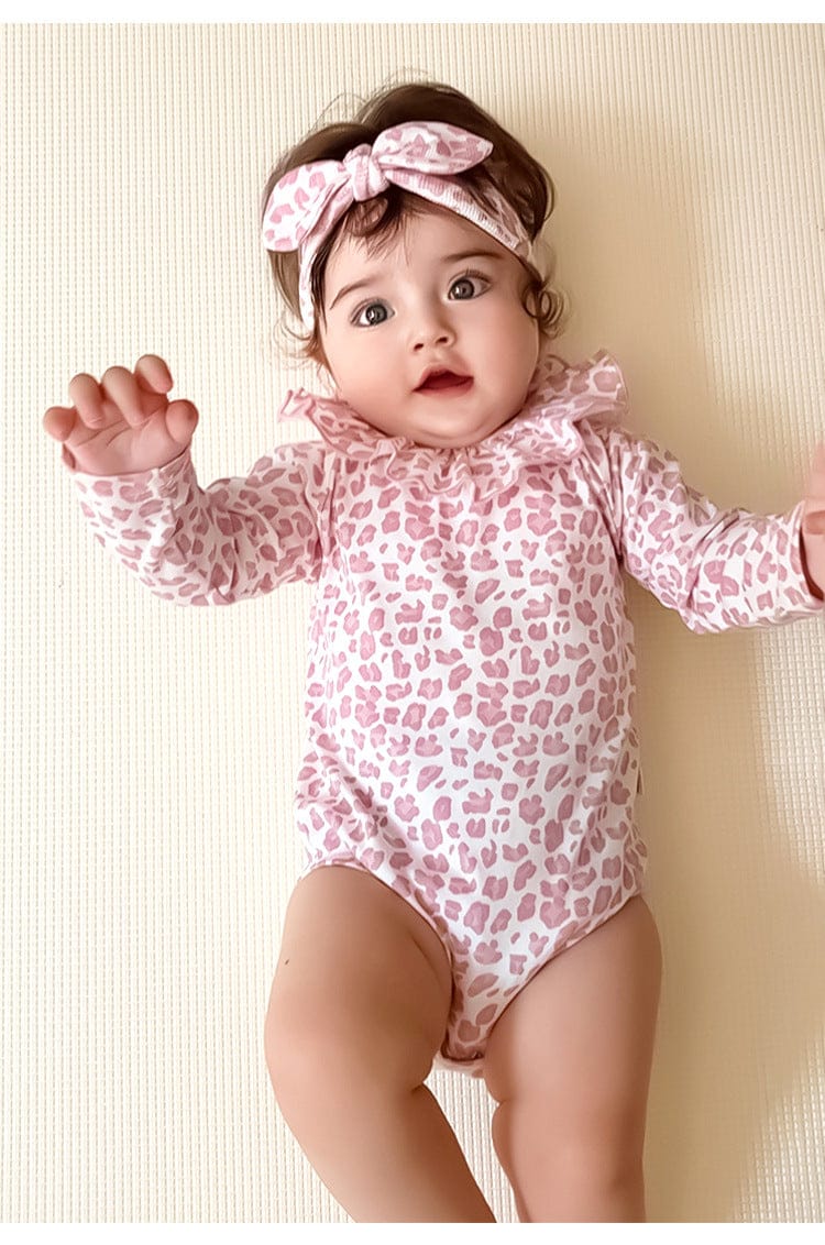 長袖ロンパース レオパードプリントラッフルフリル襟長袖ロンパース【mh0010727】