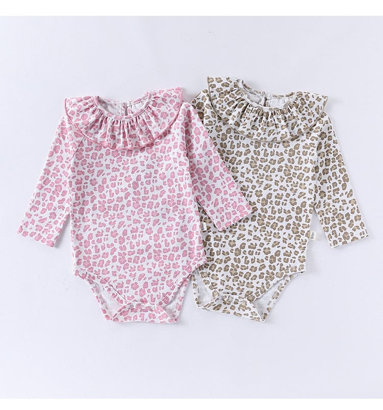 長袖ロンパース レオパードプリントラッフルフリル襟長袖ロンパース【mh0010727】