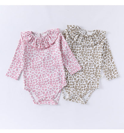 長袖ロンパース レオパードプリントラッフルフリル襟長袖ロンパース【mh0010727】