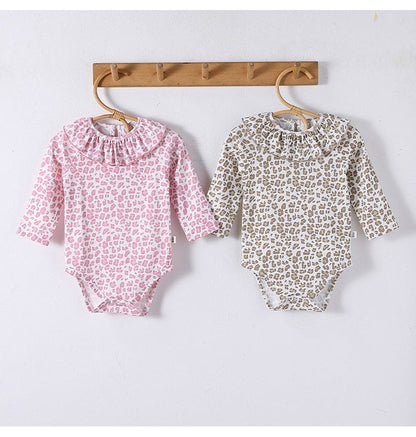 長袖ロンパース レオパードプリントラッフルフリル襟長袖ロンパース【mh0010727】