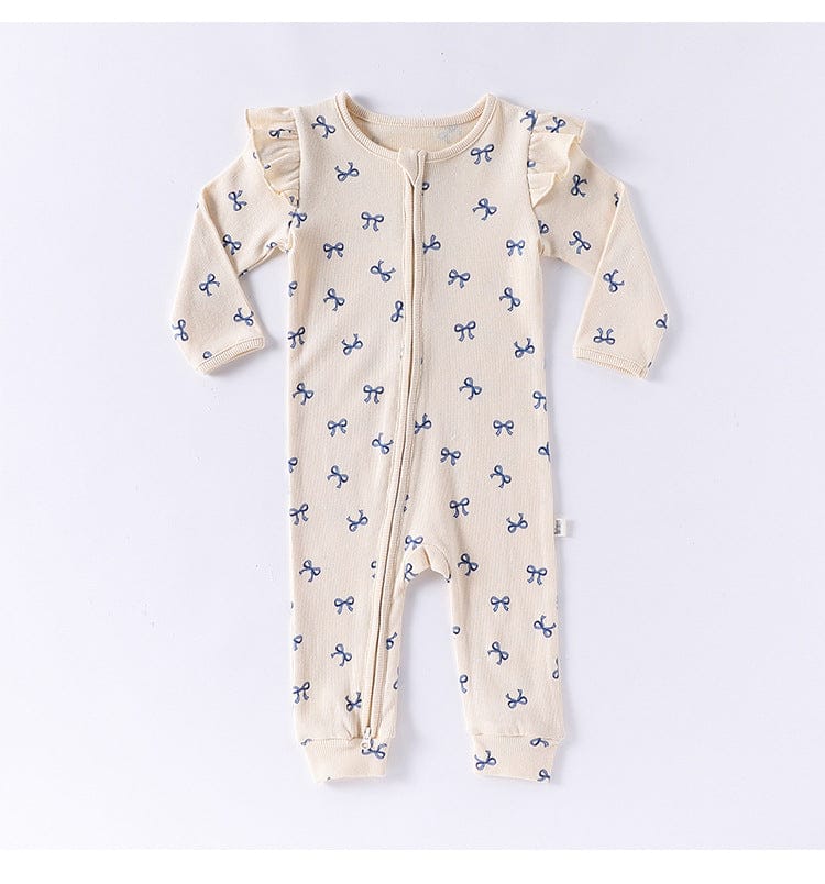 長袖ロンパース ハート/リボンプリントジップアップ長袖ジャンプスーツ【mh0010734】