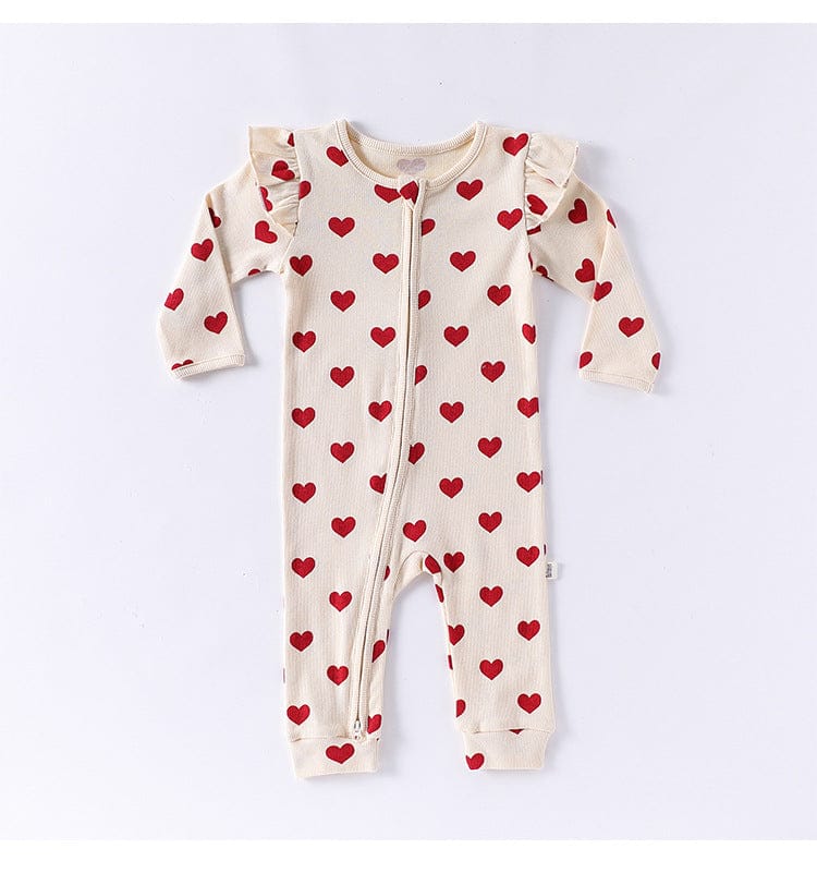 長袖ロンパース ハート/リボンプリントジップアップ長袖ジャンプスーツ【mh0010734】