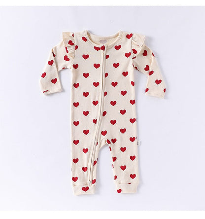 長袖ロンパース ハート/リボンプリントジップアップ長袖ジャンプスーツ【mh0010734】