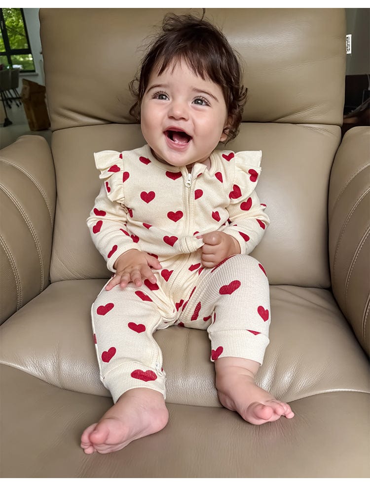 長袖ロンパース ハート/リボンプリントジップアップ長袖ジャンプスーツ【mh0010734】