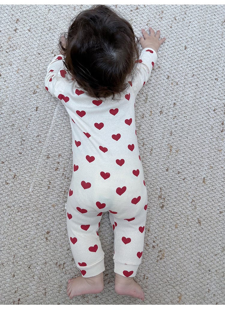 長袖ロンパース ハート/リボンプリントジップアップ長袖ジャンプスーツ【mh0010734】