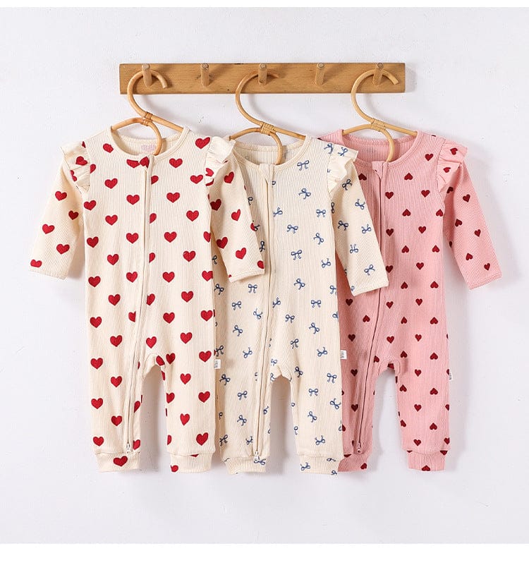 長袖ロンパース ハート/リボンプリントジップアップ長袖ジャンプスーツ【mh0010734】