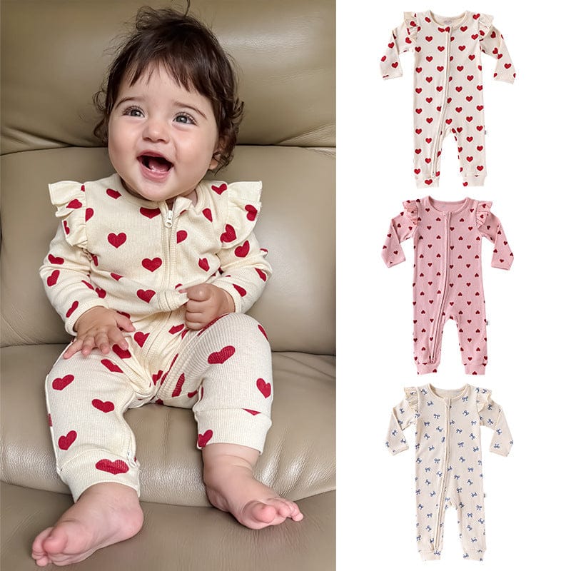 長袖ロンパース ハート/リボンプリントジップアップ長袖ジャンプスーツ【mh0010734】