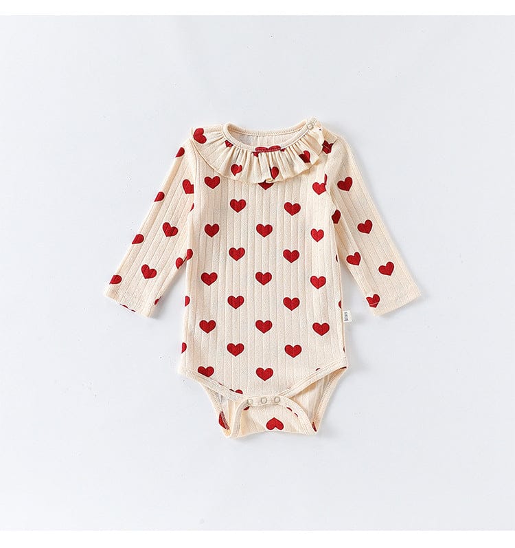 長袖ロンパース ハート/リボンプリントラッフル襟長袖ロンパース【mh0010735】