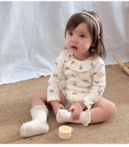 長袖ロンパース ハート/リボンプリントラッフル襟長袖ロンパース【mh0010735】