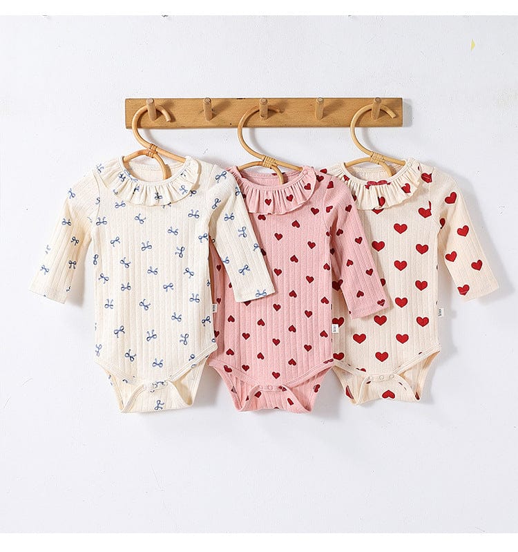 長袖ロンパース ハート/リボンプリントラッフル襟長袖ロンパース【mh0010735】