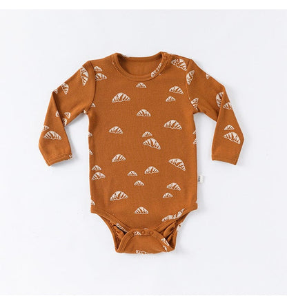 ロンパースセットアップ クロワッサン/バードプリント長袖ボディスーツ/ロングパンツ【mh0010737】