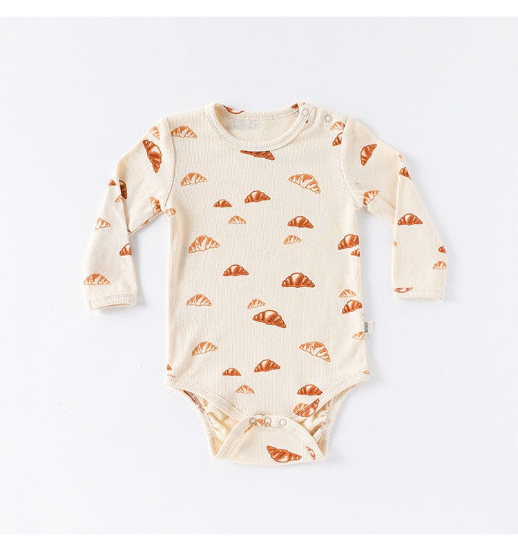 ロンパースセットアップ クロワッサン/バードプリント長袖ボディスーツ/ロングパンツ【mh0010737】