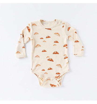 ロンパースセットアップ クロワッサン/バードプリント長袖ボディスーツ/ロングパンツ【mh0010737】