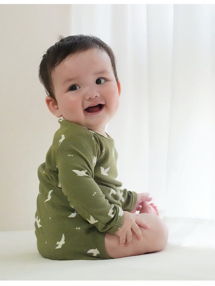 ロンパースセットアップ クロワッサン/バードプリント長袖ボディスーツ/ロングパンツ【mh0010737】