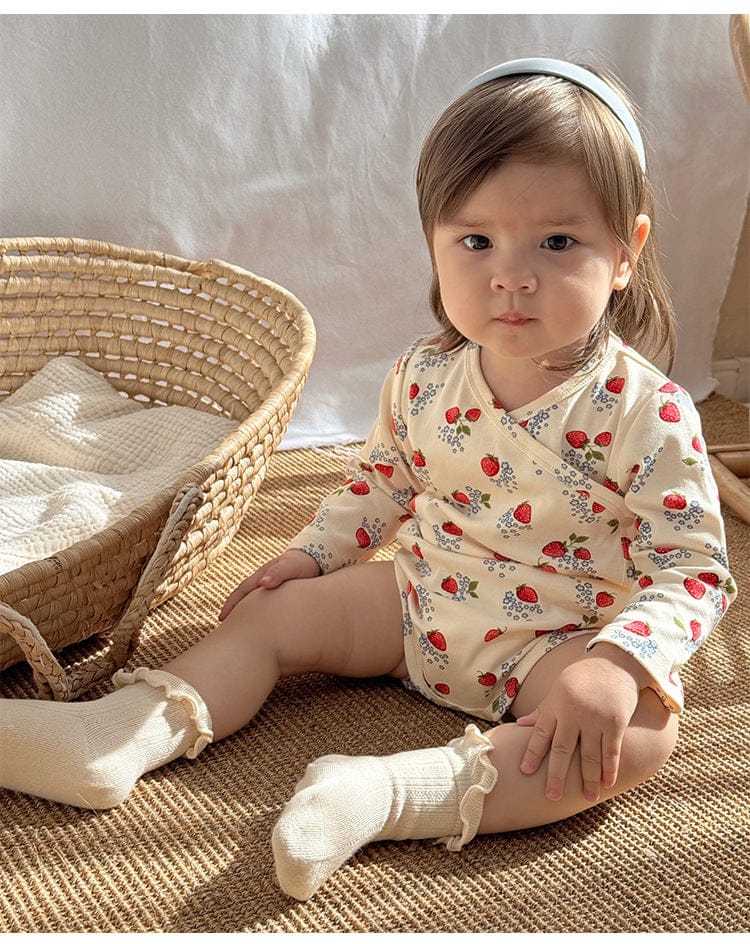 ロンパースセットアップ いちご/レモンボーダー長袖ボディスーツ/ロングパンツ【mh0010739】